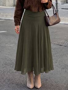 Yepolly-Pop Women's Spring/Summer High Waist Ruched A-Line Flowy Maxi Skirt, Olive Green, Paris Street Style Elegant Back-To-School Outfit - Green - View 3