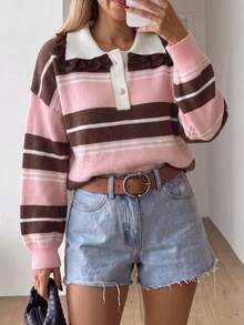 Women's Knitwear Pullover Sweater, Long Sleeve Striped Preppy Top With Contrast Lace Collar And Button Detail, Perfect For Fall Outfits - Multicolor - View 1