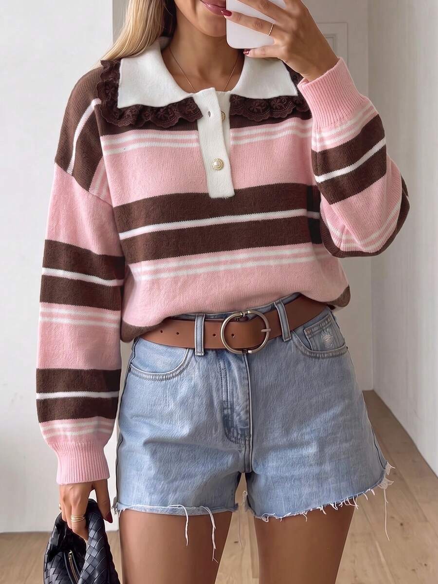 Women's Knitwear Pullover Sweater, Long Sleeve Striped Preppy Top With Contrast Lace Collar And Button Detail, Perfect For Fall Outfits - Multicolor - View 1