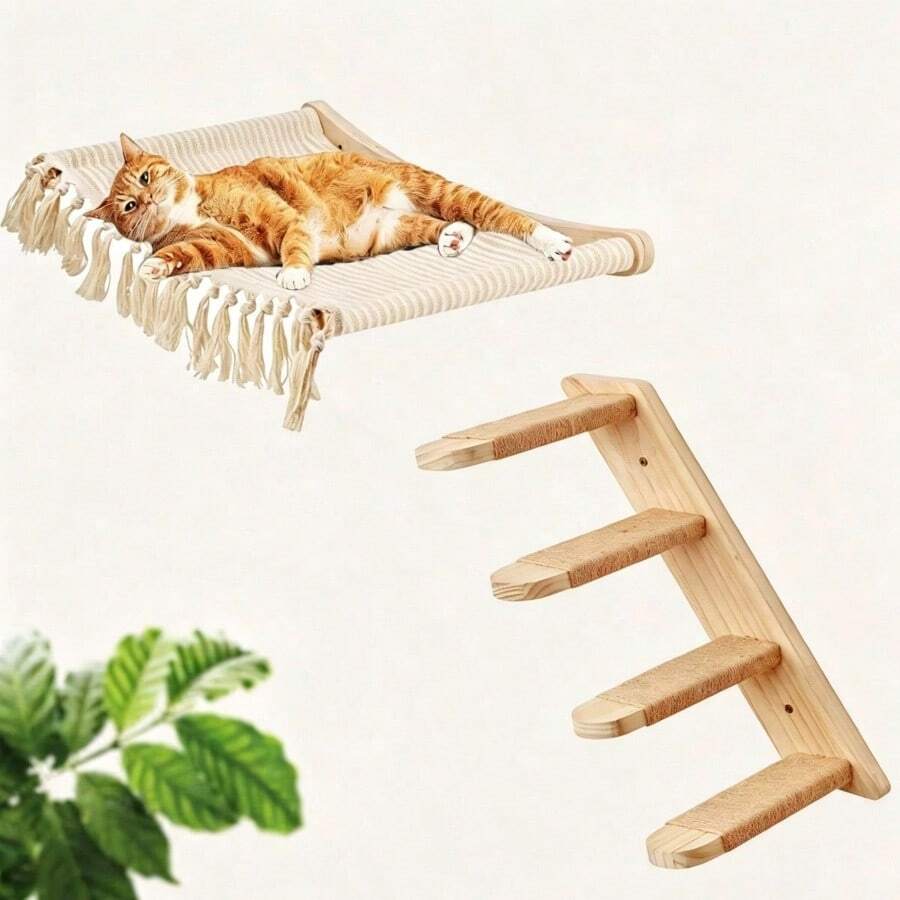 1pc Cat Wall Shelf And 1pc Perch, Tassel Cat Hammock, Cat Ladder, Modern Cat Furniture For Sleeping, Playing And Climbing - Apricot - View 1