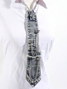 1件甜酷風金屬鏈條星星免打結領帶，中性大學風襯衫配件，多色可選 - 牛仔款-橫條星 - 查看 7