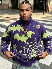 ANDREILEE Men's Halloween Sweater, Fashion Casual Bat Spider Web Funny Pattern Tassel High Neck Long Sleeve Loose Ribbed Pullover Knit Top, Autumn/Winter - Blue - View 1