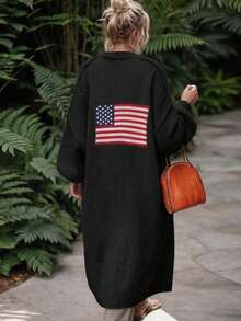 Cardigan Rajut Panjang Ukuran Plus Wanita, Sweater Lengan Panjang Leher V dengan Bahu Longgar, Cocok untuk Dipakai di Musim Gugur/Musim Dingin - Hitam - View 2