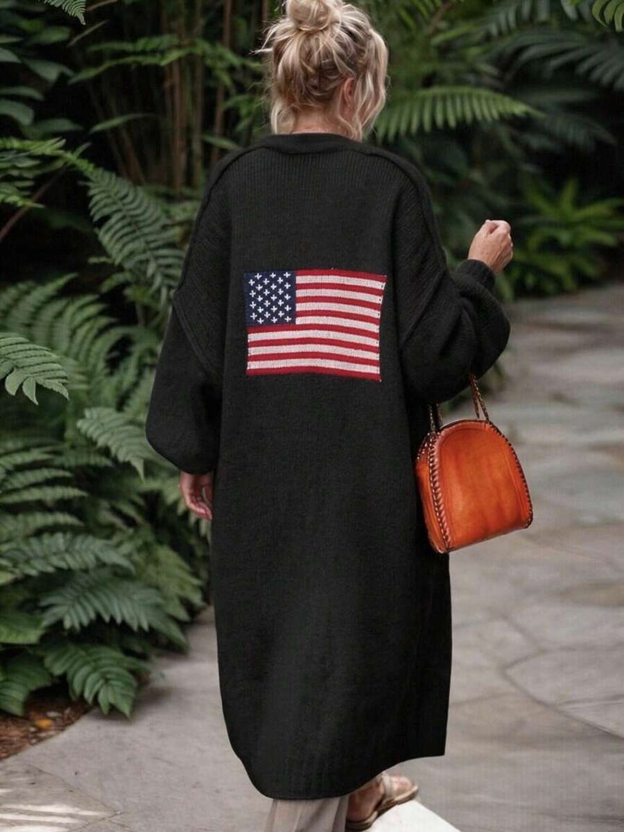 Cardigan Rajut Panjang Ukuran Plus Wanita, Sweater Lengan Panjang Leher V dengan Bahu Longgar, Cocok untuk Dipakai di Musim Gugur/Musim Dingin