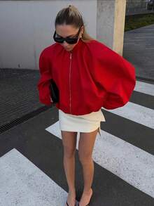 Women's Short Flight Jacket, Stand Collar Zipper Puff Long Sleeve Loose Street Style Short Coat - Red - View 5