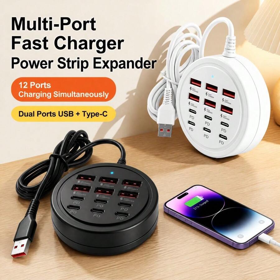 New!! New Round 12-Port USB Fast Charging Station - 6*Type-C PD + 6*USB-A, Each Port Up To 25W Output, Compact Design, High-Speed Charging, Suitable For Laptops/Tablets/Multiple Devices, A Fast Charger Designed For Multiple Devices - View 1