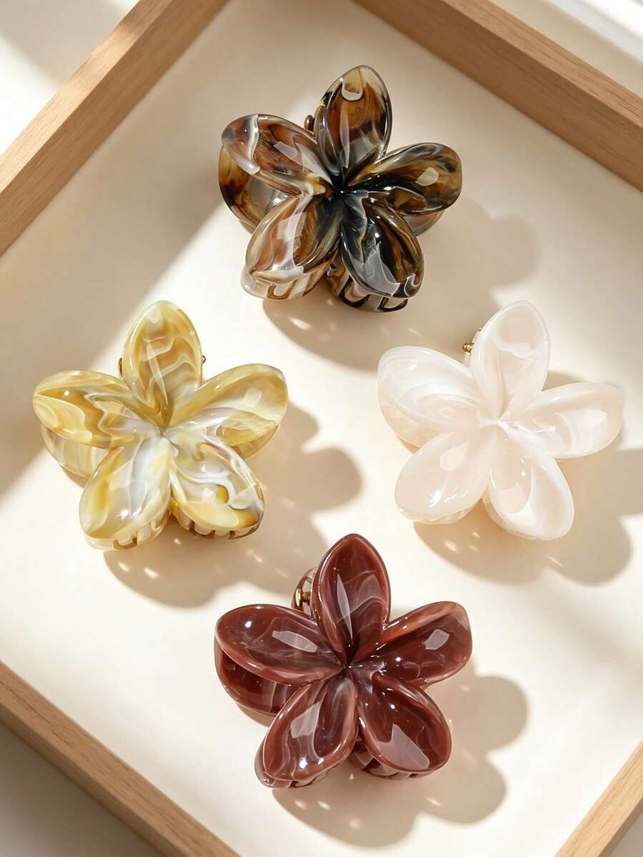 4件組咖啡色調大理石紋蛋形髮夾，波希米亞風側髮夾，海灘風髮飾 - 彩色 - 查看 1