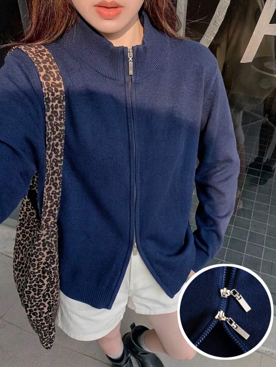 女童歐美風純色拉鍊針織開襟毛衣,長袖,適合春、秋、冬季休閒日常穿著 - 藏蓝色 - 查看 1