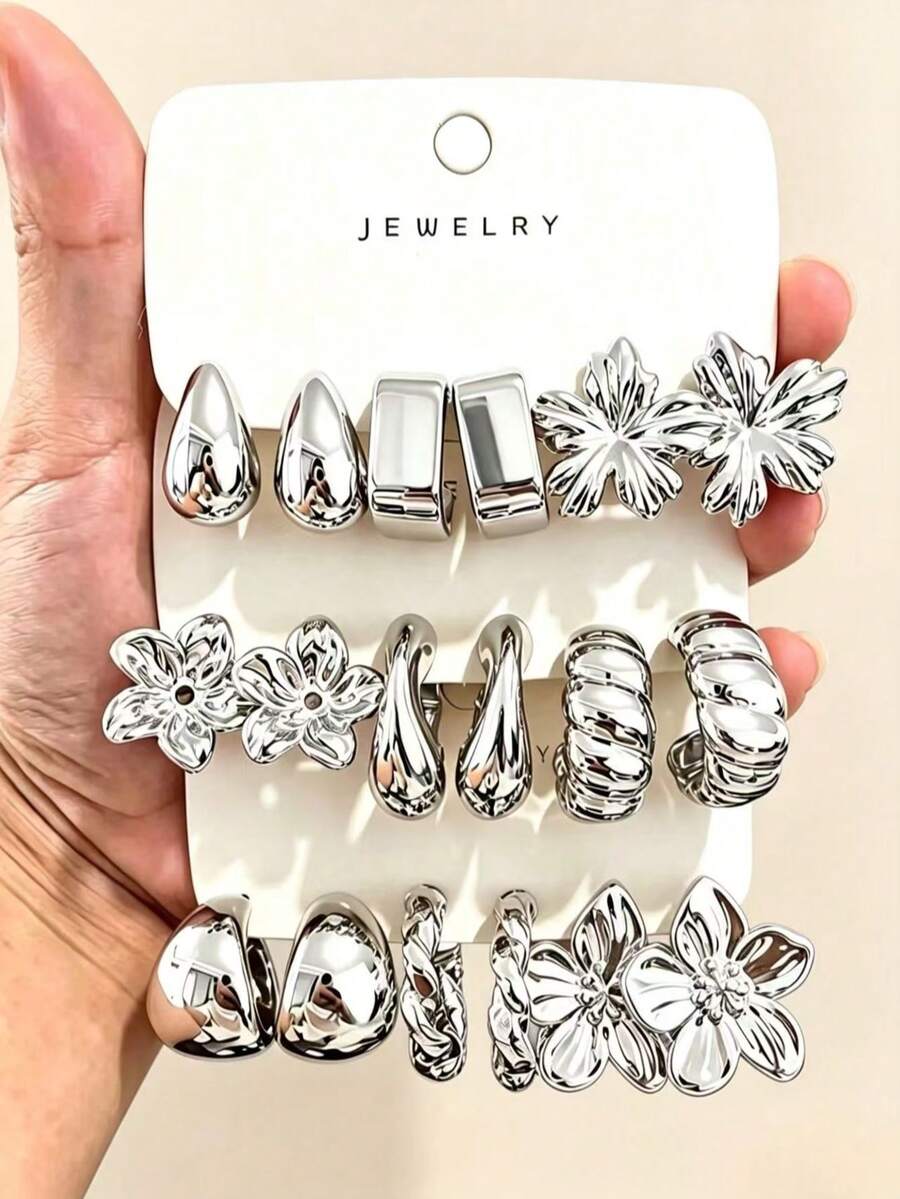 6/18pcs Luxury Shiny Silver Flower Stud Earrings Set, Versatile Daily Wear Multi-Style Ear Jewelry - Multicolor - View 1