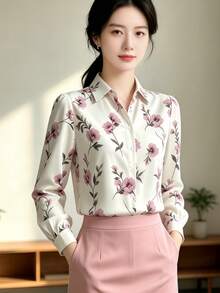 YUXIN 女款現代全花卉印花襯衫，長袖領口鈕扣開襟上衣，適合秋季日常街頭穿著與度假 - 粉色 - 查看 7