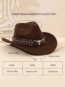 Men Retro Western Cowboy Hat, Bull‑Head Studded Wide Brim Felt Hat, Halloween Christmas Party Costume Accessory - Multicolor - View 4
