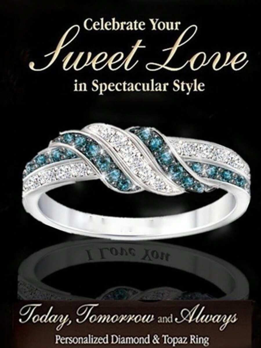 1pc Fashion Zinc Alloy Bar Decorative Ring, Silver Tone Inlaid With Blue & White Rhinestones, Luxury Party & Daily Wear Decorative Finger Ring - White - View 1