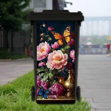 1pc Vibrant Butterfly And Floral Waterproof PVC Trash Can Decal - Easy To Apply, Durable And High Quality, Moisture-Resistant Sticker, Suitable For Outdoor Trash Cans, Modern Style DIY Mural, Peony And Butterfly, Floral Theme - A - View 3