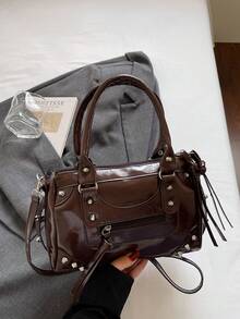 Handbag With Rivet And Tassel Decor, Handheld Or Crossbody, Zipper Closure, Sweet & Cool Y2K Style, Pillow Bag, Daily Commute And Date, Large Capacity Multi-Compartment Design, And Unique, Matches Various Outfits, Eye-Catching Look, Meets Daily Storage Needs, Creates Atmospheric Outfit - Brown - View 4