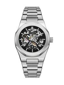 LONGLUX 1pc Men's Hollow Automatic Mechanical Watch With Butterfly Clasp Steel Band, Minimalist Fashion For Daily Wear, Holiday Gift - Black - View 10