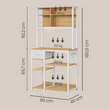 VASAGLE Scaffale da Cucina con Prese, Scaffale per Microonde, Ripiani Regolabili, Cassetto in Tessuto, 12 Ganci, 40 x 80 x 180,8 cm, Bianco Opaco e Rovere Dorato - Bianco opaco e rovere dorato - Visualizzare 4