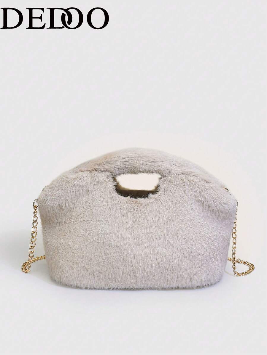 Dedoo Women Furry Handbag,Shell Shape,Solid Color,Faux Mink Fur,Hollow Handle,Gold Chain,Crossbody,Chic Lady Style,For Autumn Winter,Party Dating For Ladies