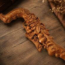 Handcrafted Wooden Phoenix Walking Cane, Carved Flower Wizard Staff With Tip Base, Fantasy Cosplay Prop For Halloween Costume, Renaissance Fair - Yellow - View 6