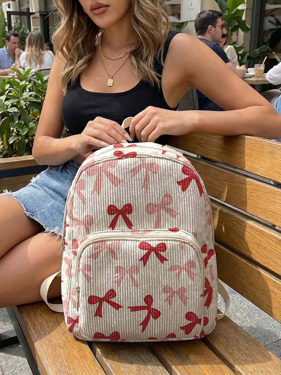 1 Piece Backpack, Women's Mini Backpack, Corduroy Girl's School Bag, Travel Storage Bag, Bow‑Printed Design, Large‑Capacity Foldable Easy‑To‑Store Bag, Lightweight And Pressure‑Relieving, Multi‑Pocket Layered Design With Zipper Closure - Red Bow 44342 - View 1