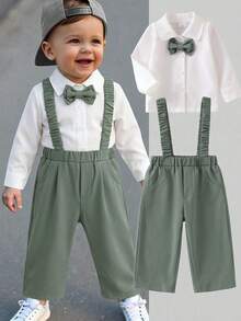 Baby Boy Fashionable Handsome 2-Piece Set Bow Decor Front Button Long Sleeve Shirt + Pleated Suspenders Straight Leg Pants - Green - View 2