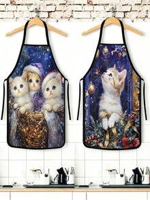 2/4pcs Christmas Apron, Featuring Cute Christmas Cat Pattern. Suitable For Kitchen Cooking, Festivals And Parties. A Great New Year Gift To Give To Friends. - Multicolor - View 2