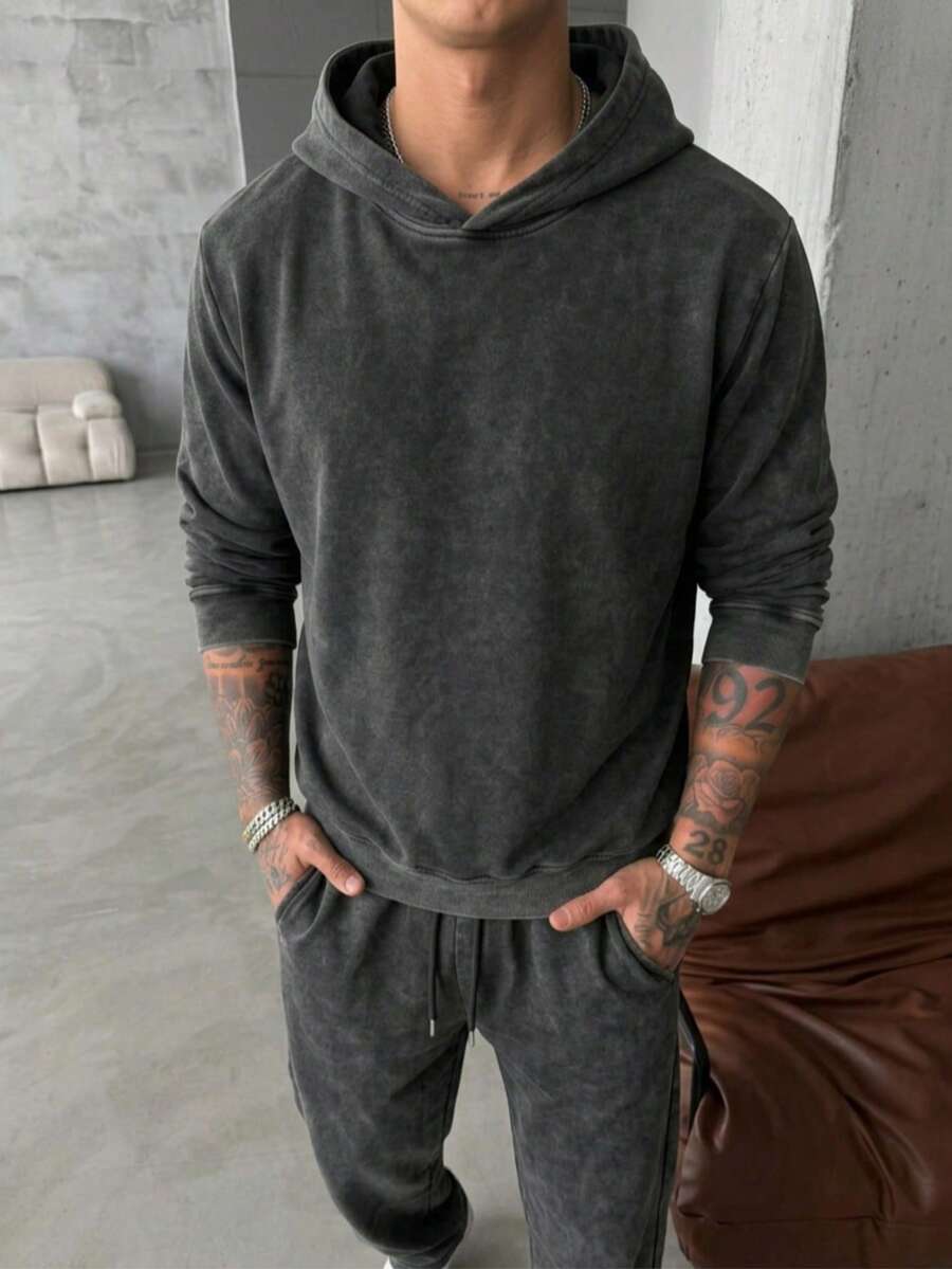 YUNCHIC 2 Pieces Washed Sweatshirt Set, Spring/Autumn Hooded Sweatshirt & Straight Leg Pants, American Street Casual - Black - View 1