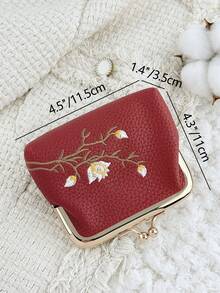 時尚花卉刺繡外觀,多功能且緊湊設計,附夾式開關,便攜式零錢包與卡包 - 酒紅色 - 查看 8