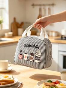 Striped Lunch Bag Featuring Coffee-Themed Patterns And Lettering.Reusable Insulated Lunch Box, Large Capacity Thermal Bag, Comes With Black Utensil Storage Bag, Snack Storage Bag, Multi-Functional Travel Storage Bag, Makeup Bag, Toiletry Bag, Suitable For School, Commuting, Dorm, Picnic, Vacation, Birthday Gift, Halloween Christmas Gift - Multicolor - View 6