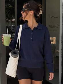 JustMiss Women's Thick Knit Sweater With Turn-Down Collar, Button-Up Half-Open Front, Long Sleeve, Solid Color, Minimalist Preppy Casual Commuter Style, Autumn/Winter - Navy Blue - View 4