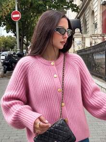 SEREN Comfortable Women's Pink Cardigan, Long Sleeve Regular Fit Crew Neck Sweater, Button Front Design, Suitable For Autumn - Pink - View 4