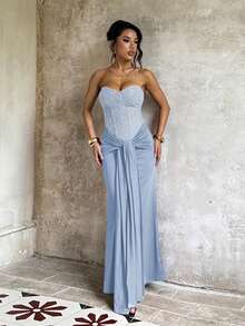Summer Party Elegant Dress, Strapless Twisted Waist Beach Dress, Luxury Evening Gown, Suitable For Wedding, Homecoming, Birthday, Vacation - Baby Blue - View 2