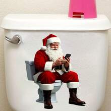 1pc Funny Santa Claus On Toilet Using Phone Decorative Toilet Sticker, For Home Bathroom And Public Toilet Decoration - A - View 5