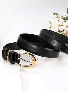 Minimalist Buckle Versatile Belt Solid Color Casual Geometric Buckle Waist Belt Thin Waist Belt Suitable For Pants And Skirts - Black - View 2