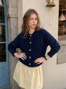 Áo cardigan len nữ cổ tròn cài nút phối màu, dệt vặn thừng phong cách vintage, thường ngày cho mùa thu/đông - Màu xanh hải quân - Xem 3