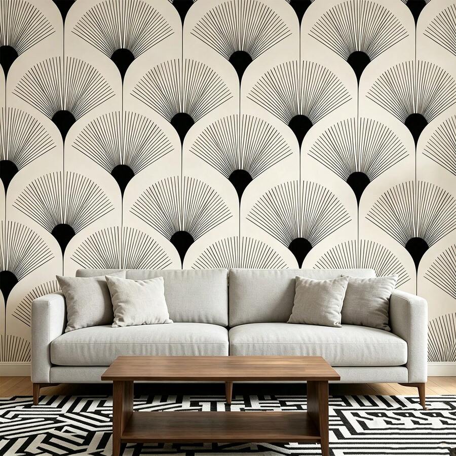 1 Roll Classic Fan-Shaped Self-Adhesive Vinyl Wallpaper, PVC Seamless Peel And Stick Decorative Film, Waterproof And Moisture-Proof Wall Sticker, Removable, Easy Installation, Durable, Suitable For Kitchen, Dining Room, Bedroom, Living Room, Furniture Renovation, Rental Home Decor, Pattern Aligned
