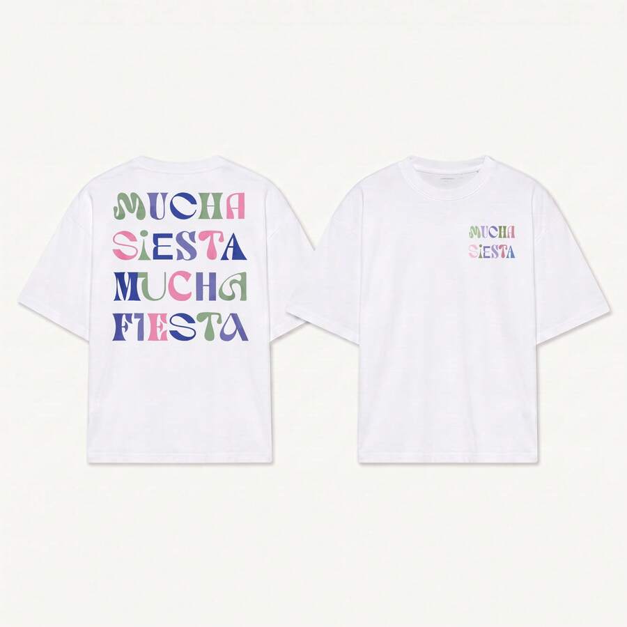 Mucha Siesta Mucha Fiesta T-Shirt White With Multicolored Retro Festive Print Streetwear Unisex Top - White - View 1