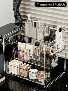 3-Layer Transparent Acrylic Cosmetic Storage Box, Large Capacity Makeup Display Rack, Desktop Drawer Organizer, Made Of Transparent Acrylic Material, Layered Design, Can Store Lipstick, Eye Cream, Cushion, Lotion, Makeup Brushes, Etc.; Equipped With Handle, Convenient To Access, Ideal Choice For Home Storage - Multicolor - View 2