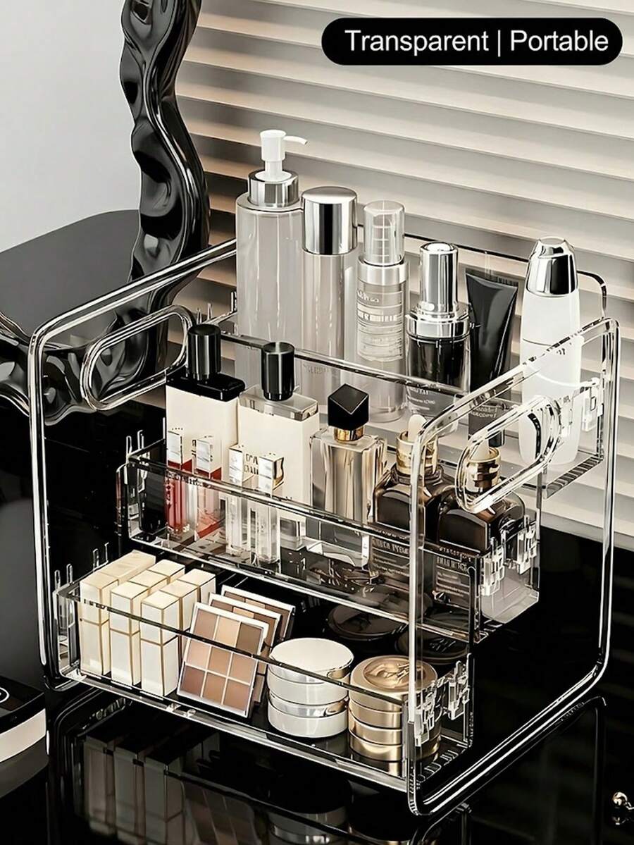 3-Layer Transparent Acrylic Cosmetic Storage Box, Large Capacity Makeup Display Rack, Desktop Drawer Organizer, Made Of Transparent Acrylic Material, Layered Design, Can Store Lipstick, Eye Cream, Cushion, Lotion, Makeup Brushes, Etc.; Equipped With Handle, Convenient To Access, Ideal Choice For Home Storage