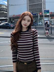 Women's American Retro Striped Contrast Color Knitted Long Sleeve T-Shirt, Crew Neck Inner Layer Base Top, Short Length, Autumn/Winter Fall - Red and White Stripes - View 6