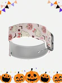 1件粉色南瓜與幽靈圖案矽膠錶帶，20/22mm通用錶帶，兼容三星、榮耀智能手錶，時尚柔軟矽膠運動錶帶，適用於GT2/GT3、Watch 3/Galaxy，完美搭配萬聖節裝扮，舒適的男女通用替換錶帶 - 彩色 - 查看 2
