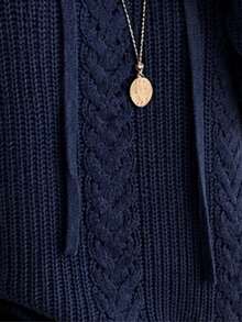 Plus Size Women's Navy Blue Cable Knit Hooded Drawstring Drop Shoulder Long Sleeve Pullover Sweater, Autumn/Winter - Royal Blue - View 3