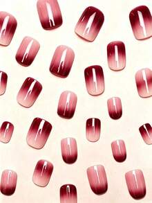 24pcs Burgundy Gradient Square Short Full Coverage Press-On Fake Nails, Classic Minimalist French Style, Suitable For Parties, Dates And Daily Wear, Autumn/Winter Essential - Multicolor - View 2