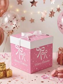 1Pc Pink Bow Knot Birthday Gift Box With Lid & Ribbon, 22*22*22cm Square Party Favor Box For Girls Birthday Gift Wrapping Decor - Ribbon Bow Gift Box With Lid (Includes Ribbon) - View 6