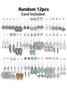 TopHanqi 12 Pairs Random + 24 Pairs Random + 36 Pairs Random + 48 Pairs Random Random Multiple Pairs Earrings Set, Bohemian Turquoise Feather Water Drop Mixed Studs And Hooks With Card Earring Combination - Multicolor - View 15