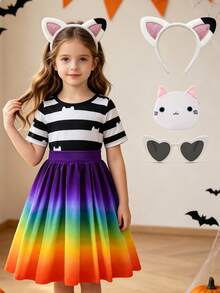 Vestido de Princesa de Halloween Carnaval Pascua Navidad Pascua Patrón de Gato Lindo Disfraz de Cosplay Vestido de Fiesta de Cumpleaños para Niñas Vestirse con Accesorios Trajes de Rayas Arcoíris 3 a 8 Años - Multicolor - Ver 1