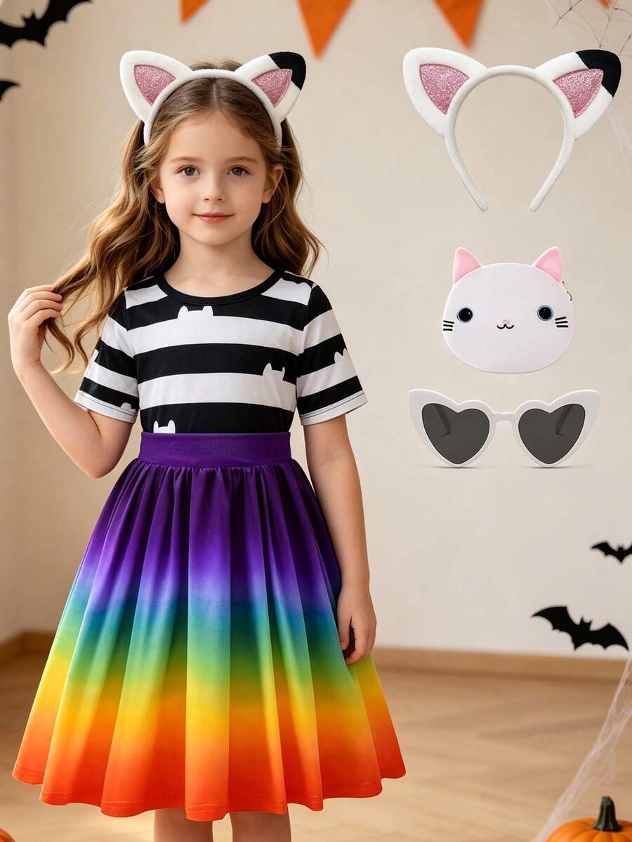Vestido de Princesa de Halloween Carnaval Pascua Navidad Pascua Patrón de Gato Lindo Disfraz de Cosplay Vestido de Fiesta de Cumpleaños para Niñas Vestirse con Accesorios Trajes de Rayas Arcoíris 3 a 8 Años - Multicolor - Ver 1