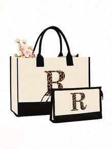 2pcs Canvas Tote Bags With Letter Pattern, Casual Style, Open Design, Fixed Shoulder Strap, Wipeable Clean, Suitable For Travel, Shopping, Also An Ideal Gift For Family And Friends - Multicolor - View 18