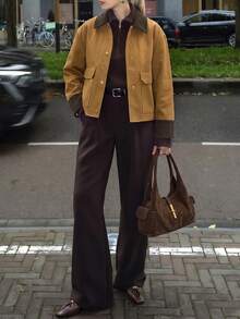 Jaket Pendek Wanita Musim Gugur dengan Kancing Depan, Manset dan Kerah Bergaris Kontras, Mantel Elegan untuk Perayaan Liburan dan Aktivitas Sehari-hari - Mocha Brown - View 7