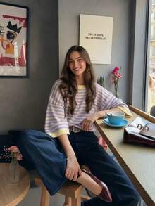 女款新款秋季對比條紋針織上衣，休閒日常通勤學院風 - 蛋黃色拼淡紫色 - 查看 2