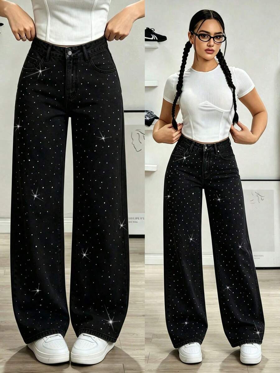 Teen Girl's Loose Fit Washed Wide Leg Pants With Rhinestone Embellishment, Casual Long Pants For Daily Wear - Black - View 1